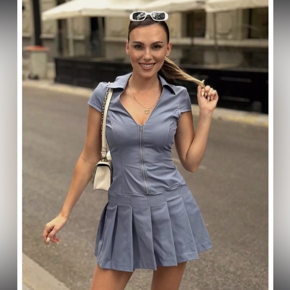 NWOT Zara Blue Pleated Mini Dress - Picture 2 of 10